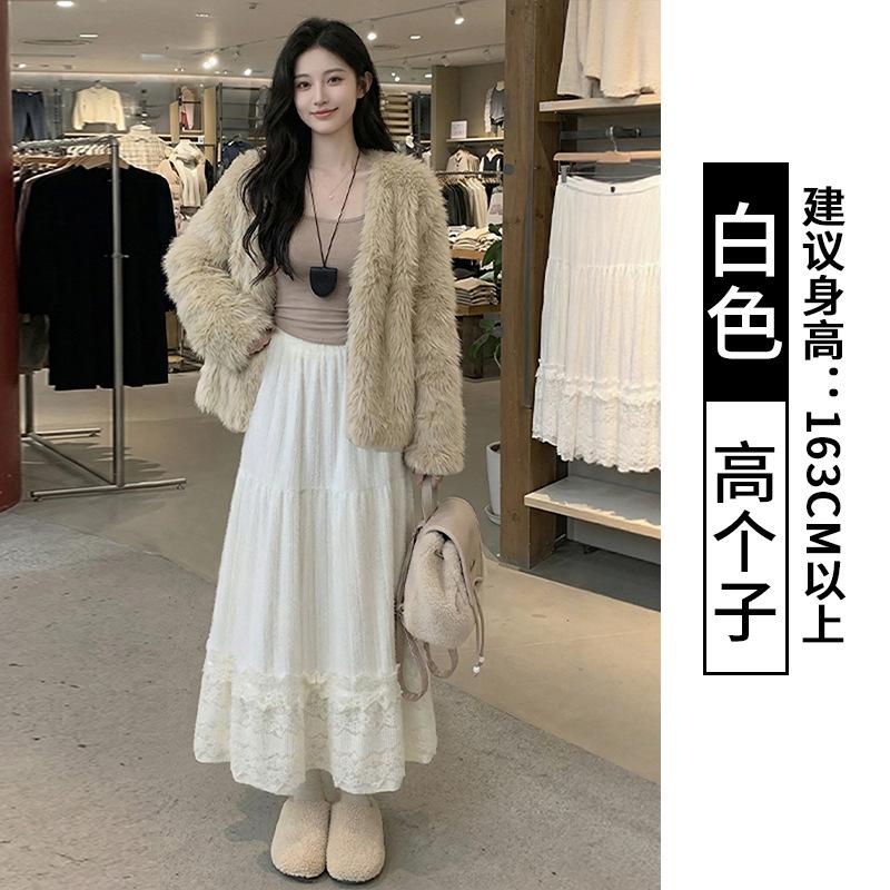 White knitted skirt women's spring and summer a-word lace cake skirt long skirt large size fat mm belly covering and thin skirt