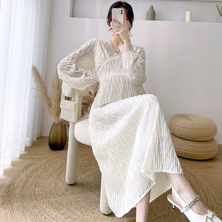 Těhotenské šaty Jarní Podzimní Oblečení Módní Styl Internetové Celebrity Francouzský V-výstřih Krajková Ozdoba Pohádkové Šaty Podzimní Zimní Sukně