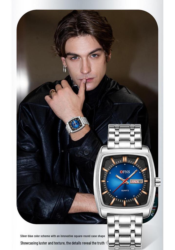 OFNS Men's Quartz Watch - Barrel-Shaped Steel, Silicone Strap, Waterproof, Luminous, Double Calendar, Trendy Casual Design