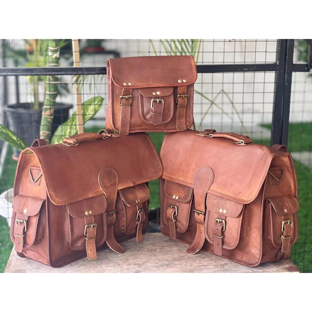 Leather Motorcycle 2 Saddle Bags Brown Side Pouch Panniers (Free Mobile Bag Size - 9 X 7 X 3 In)