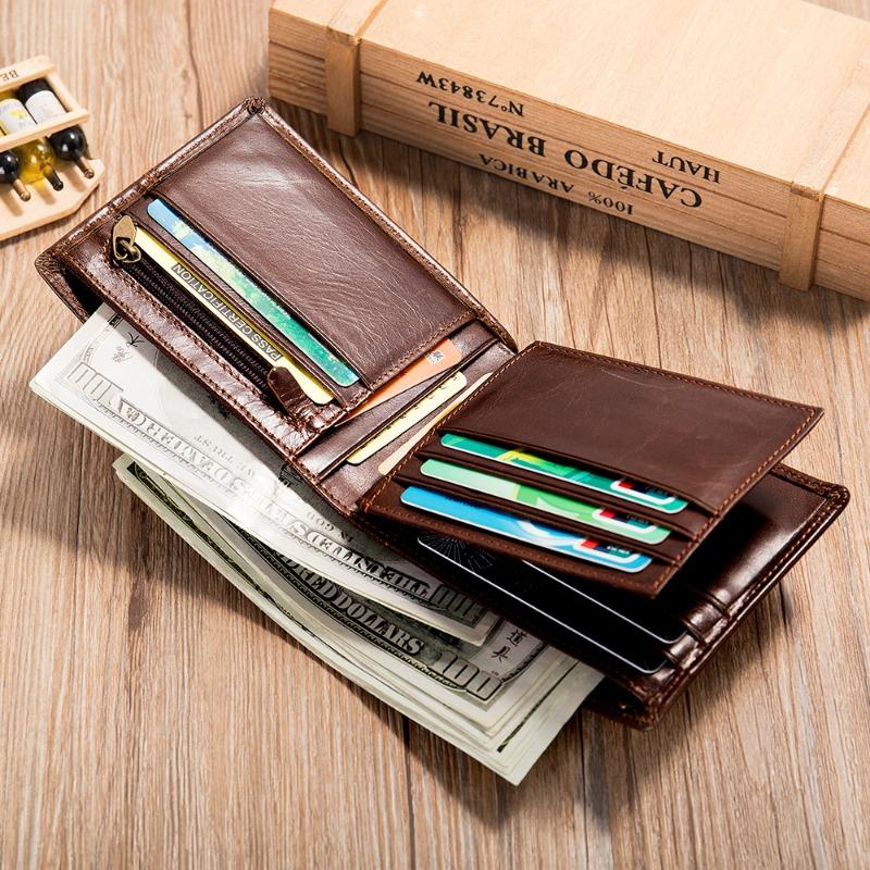 Men's Leather Short Wallet First Layer Cowhide Retro Leather Handbag Men's Anti-theft Card Bag