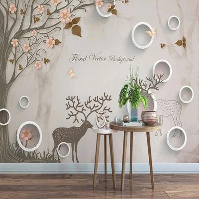 Papier Peint Arbre Frais 3D Fleur Élan Fond Papiers Peints Pour Salon Chambre Murale 3D