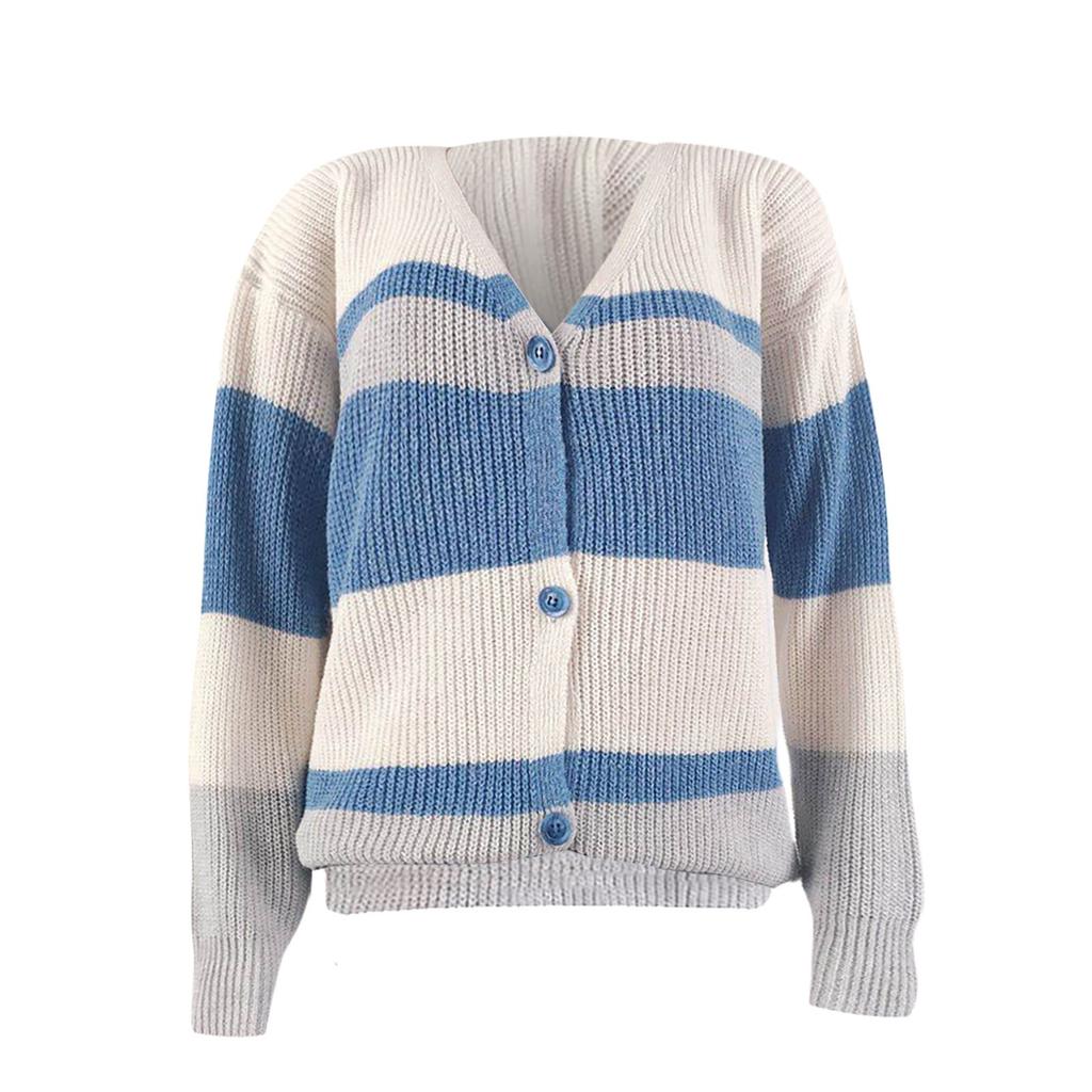 Winter Women's Knitted V-neck Stitching Button Striped Sweater Top