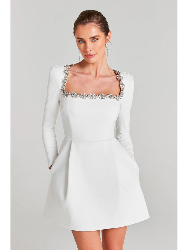 Letnia Damska Sukienka Wieczorowa A-Line z Długim Rękawem i Kwadratowym Dekoltem z Cyrkoniami