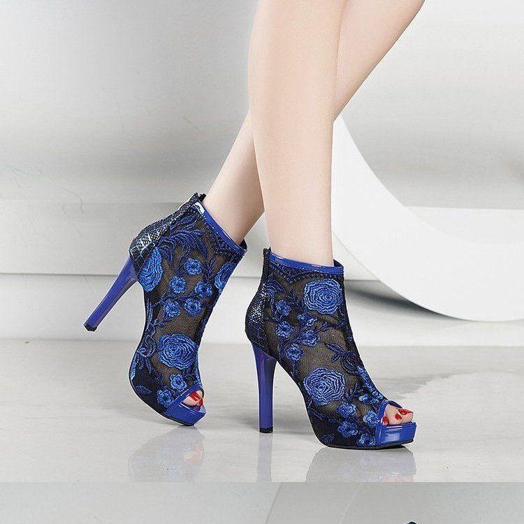 

Sexy fashion mesh cool boots women s summer fish mouth high heels embroidered mesh boots single heel shoes women s thin heel high top sandals 39 синий