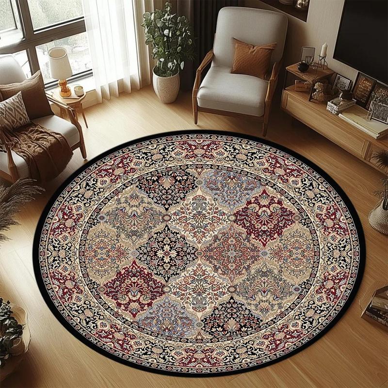 Antique Tribal Round Area Rug, Retro Geometric Floral Circular Floor Mat, Study Room Home Decor