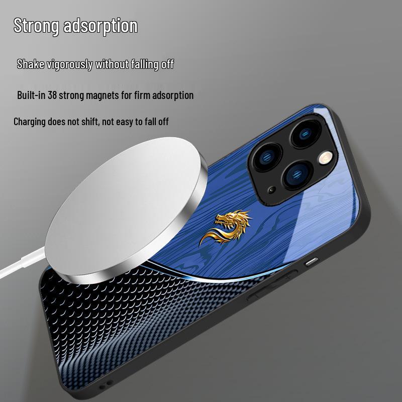 IPhone Hülle: Holzmaserung im chinesischen Stil mit Drachenmotiv, magnetisch, kompatibel mit Modellen 12-16