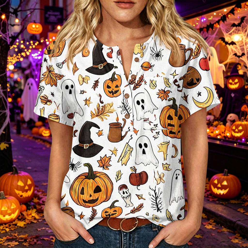 Womens Halloween Print V Neck Button Detail Short Sleeve Top Casual Loose Fit Three Quarter Sleeve T Shirt