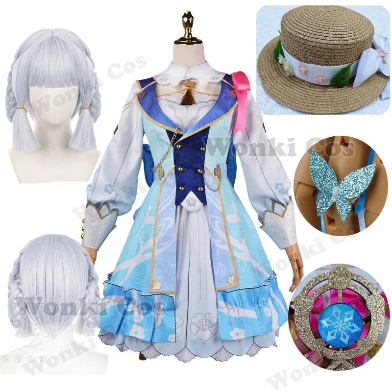 Kamisato Ayaka Skin Cosplay Costume Dress Springbloom Missive Ayaka Cosplay Wig Full Set With Hat Lolita Dress