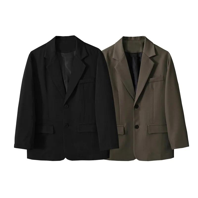 Women Fashion With Pockets Single Button Blazer Vintage Notched Neck Long Sleeves Female Chic Lady Outfits Plus Size