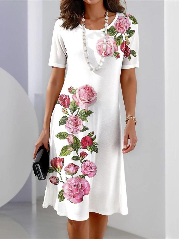 Vintage Floral Print Summer Dress for Women Long Sleeve Comfortable Knee Length Casual Dress with Pockets O Neck