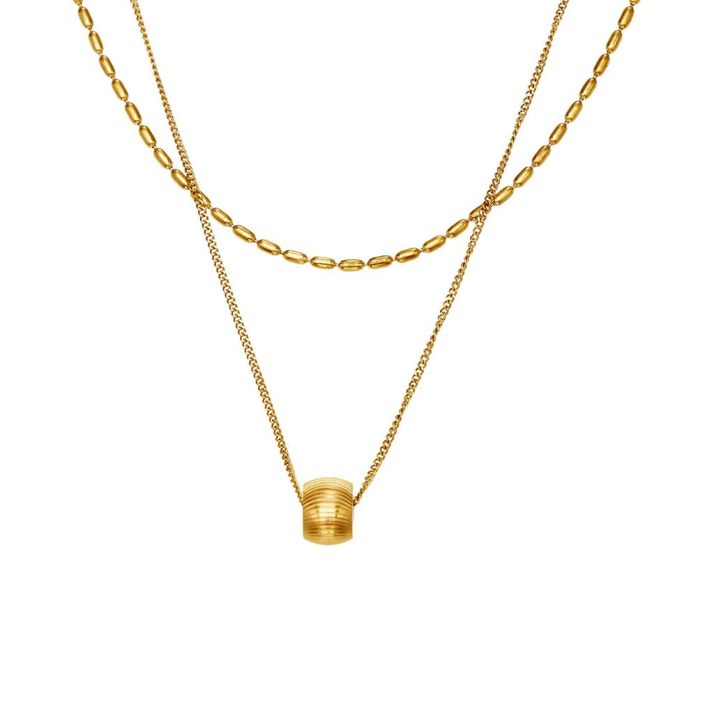Qiong Yao 18K Gold Plated Double Layer Bead Carved Necklace with Clavicle Chain, Cold Style, Eco-Friendly Titanium Steel for Women.