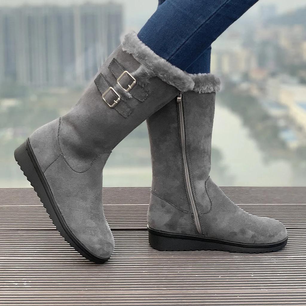 Women Winter Shoes 2024 New Chunky Heel Mid-calf Plush Snow Boots Fashion Female Warm Chelsea High Fur Boot Botas Mujer Invierno
