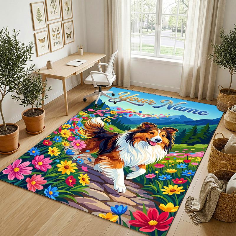 Floral Garden Theme Crystal Velvet Rug Personalized Custom Name Text Soft Floor Mat Home Decor