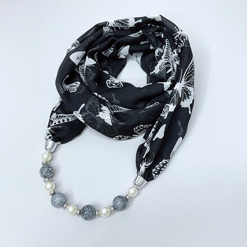 Chic Printed Scarf Necklace with Pearl and Bead Accents – Lightweight Chiffon Infinity Scarf for Women, Fashion Statement Accessory