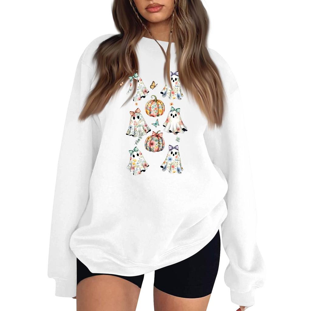 Women's Neck Long Sleeve Loose Fit Casual Sweatshirt Pullover Top with Halloween Print