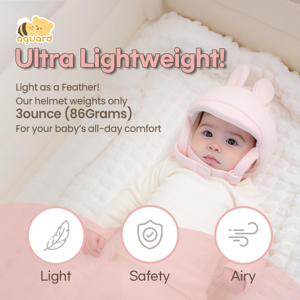 Organic Baby Head Protection Helmet GOTS Certified Bunny Adjustable Ultralight Head Guard for Crawling Pink - Cotton, Print, & Walking,