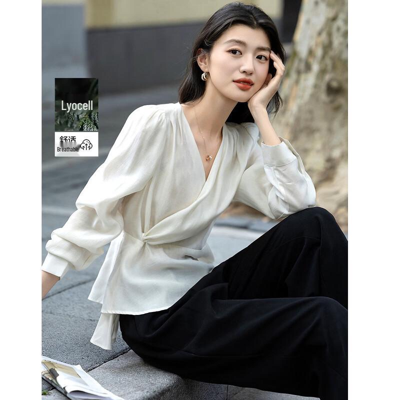 Women s Lyocell Blend V-Neck Blouse with Irregular Hem XL