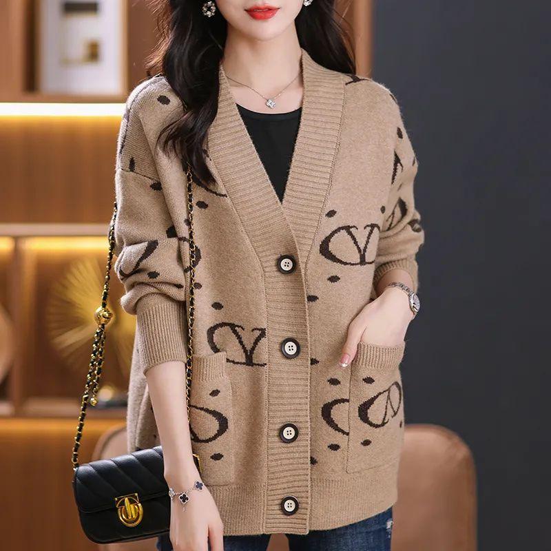 

Женский трикотажный кардиган с принтом и V-образным вырезом, осенне-зимний, свободный, толстый, большого размера M верблюд