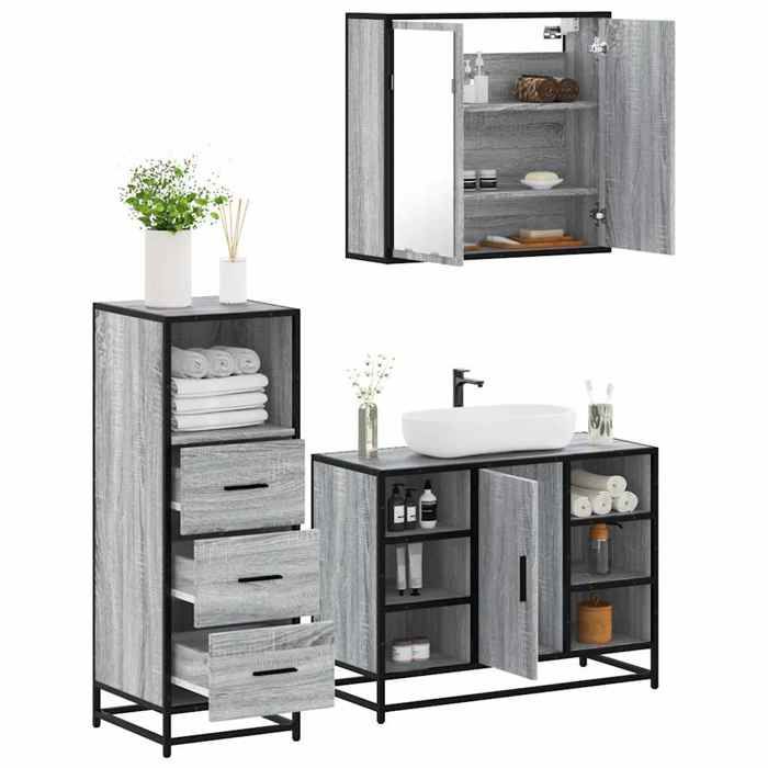 VidaXL 3-piece Bathroom Furniture Set Sonoma Grey, Bathroom Cabinet, Toilet Storage Cabinet, 3301033