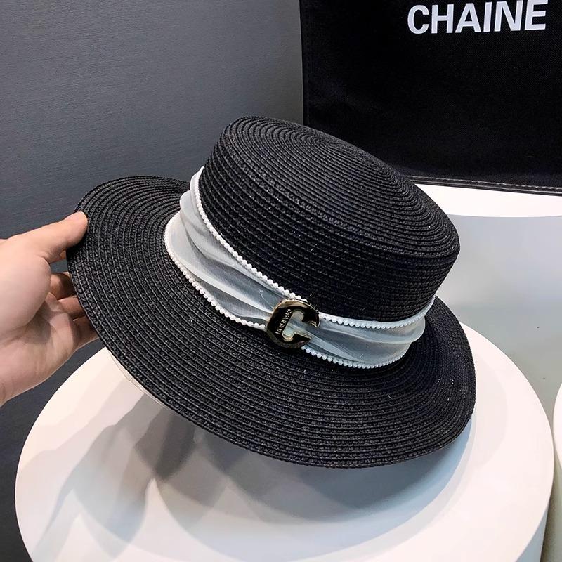 Flat top straw hat women's summer outing seaside sunshade sunscreen sun hat new straw temperament top hat