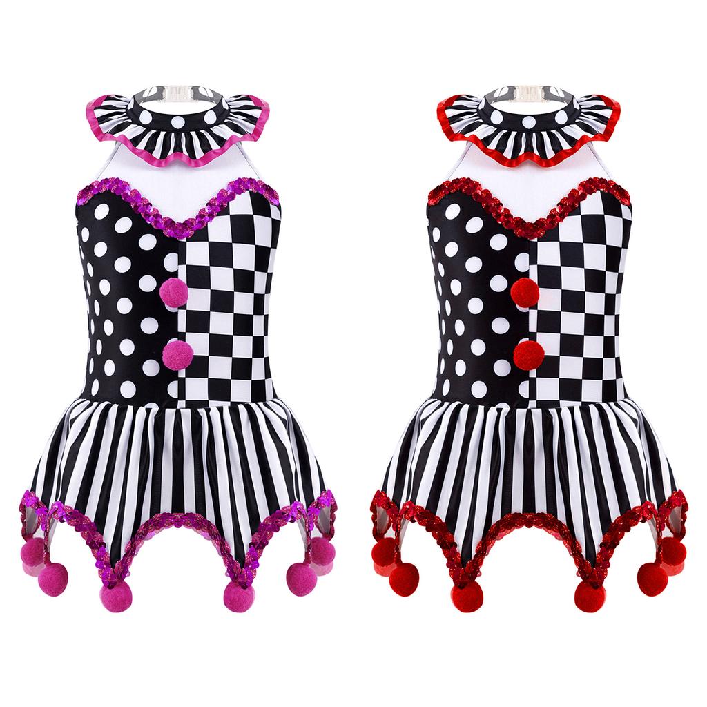 Girls Circus Clown Costume Halter Neck Sleeveless Plaid Polka Dots Stripes Print Sequins Pompoms Dress