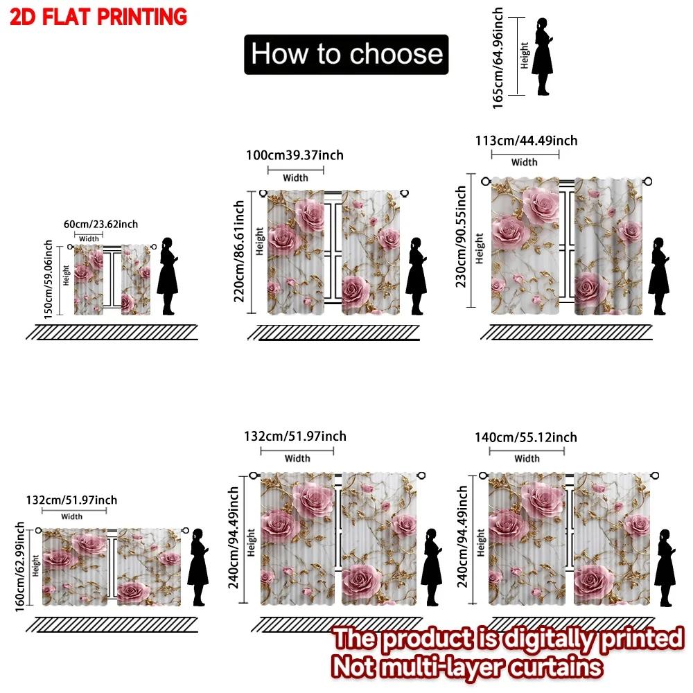 Set Of 2 Elegant Luxury Rose Gold Curtains Pink Roses Golden Vines Marble Background Living Room Decor Curtain Polyester Ideal For