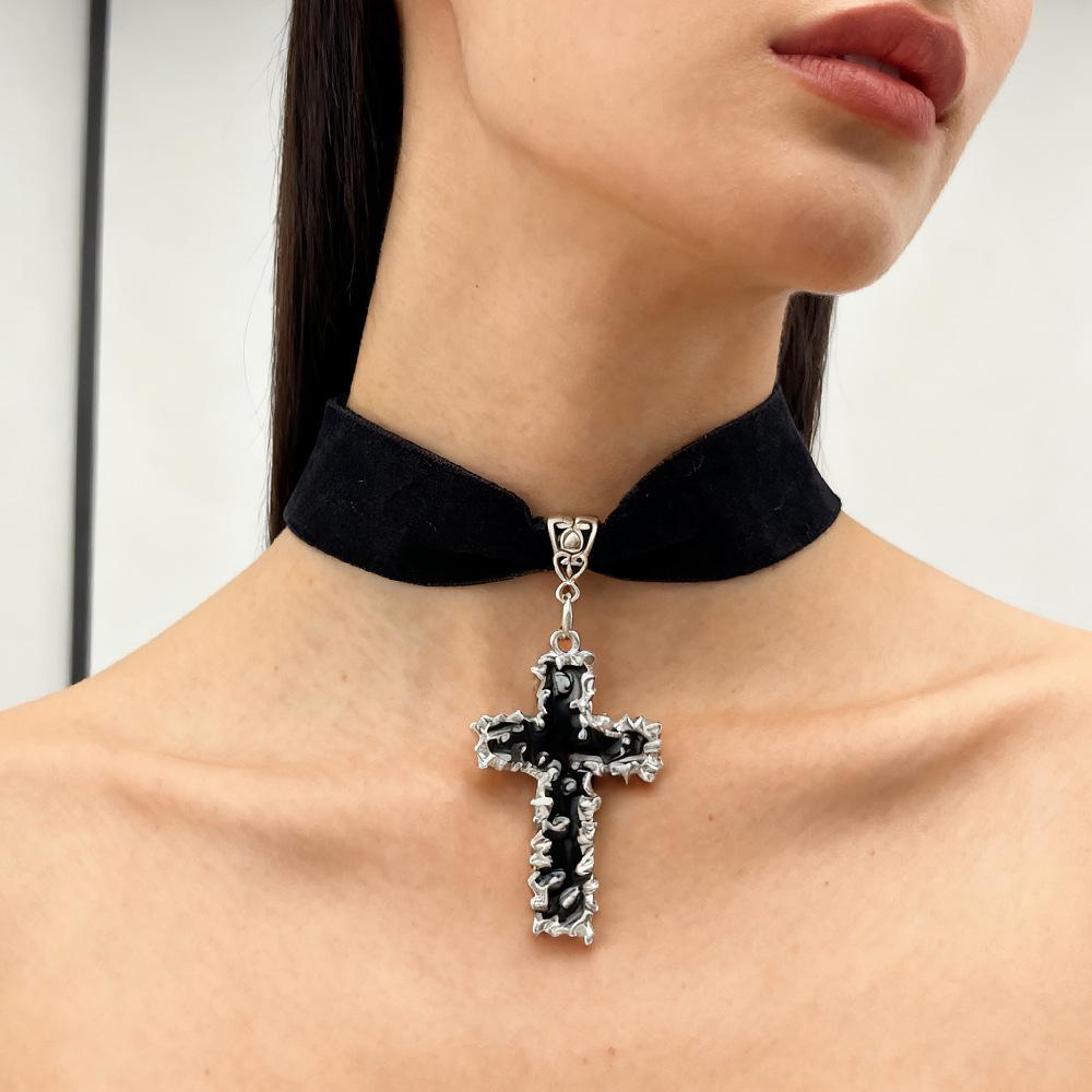 Gothic Punk Irregular Cross Pendant Necklace with Black Velvet Choker