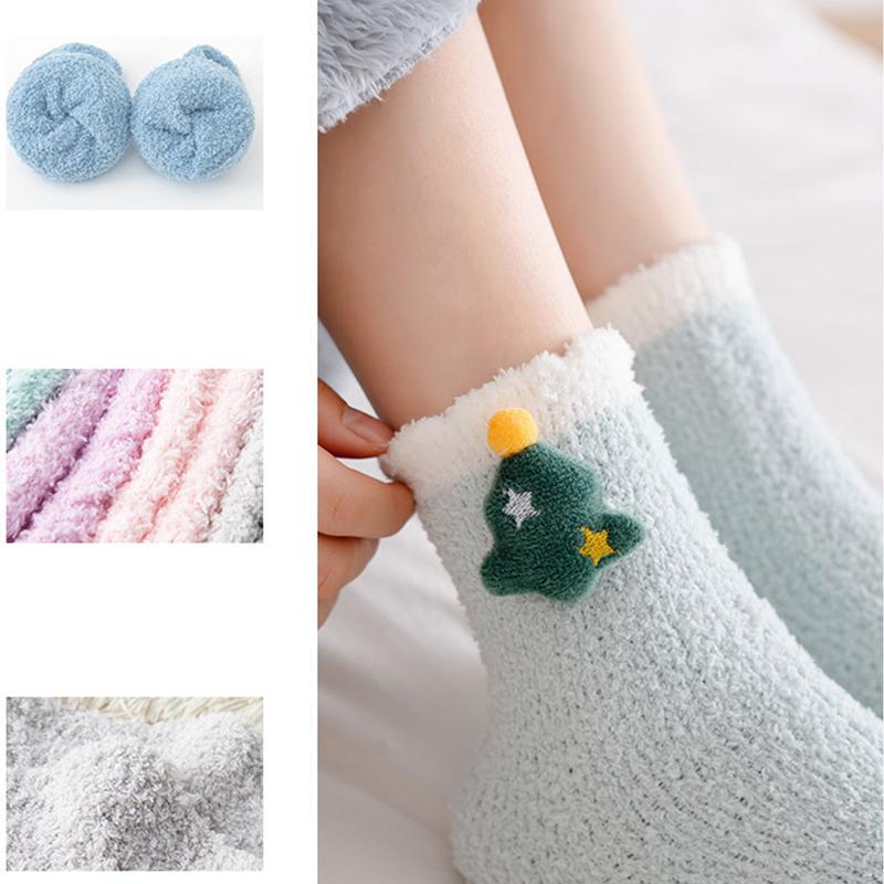2 STÜCKE 3D Liebliche Cartoon-Tiere im Herbst Winter Plüsch und Verdickte Warme Mittelrohrsocken Schlafsocken Korallenfleece Bodensocken