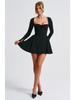 Long Sleeve A-line Sexy Mini Dress for Women Robe Autumn Fall Bow Square Collar Pleated Dress Elegant Dresses