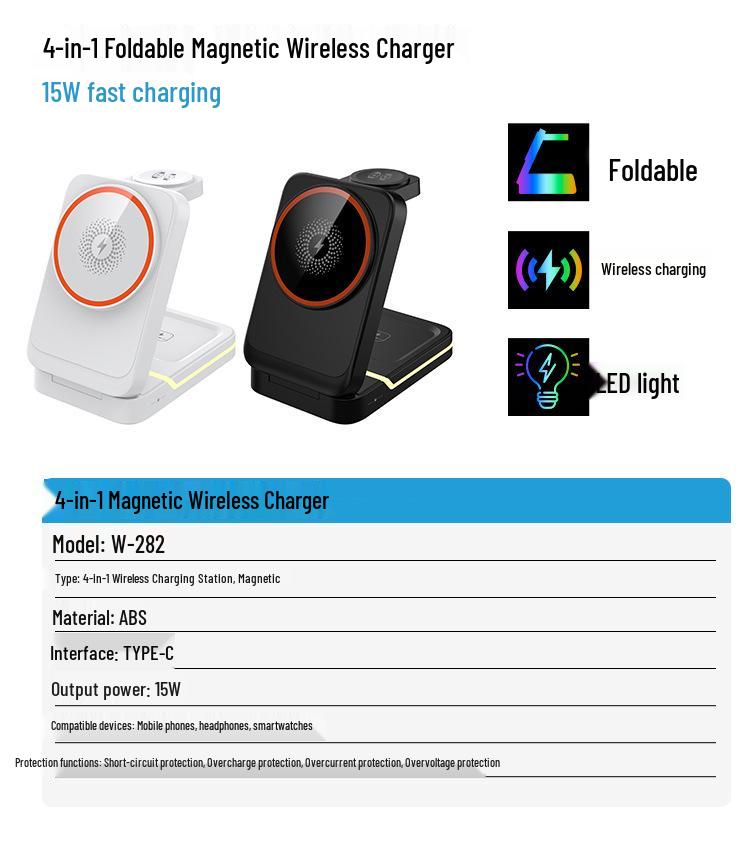 15W 3-in-1 Magnetic Wireless Charger Stand for Phone, Watch, Earbuds – Fast Charging, Portable, Foldable Desk Accessory