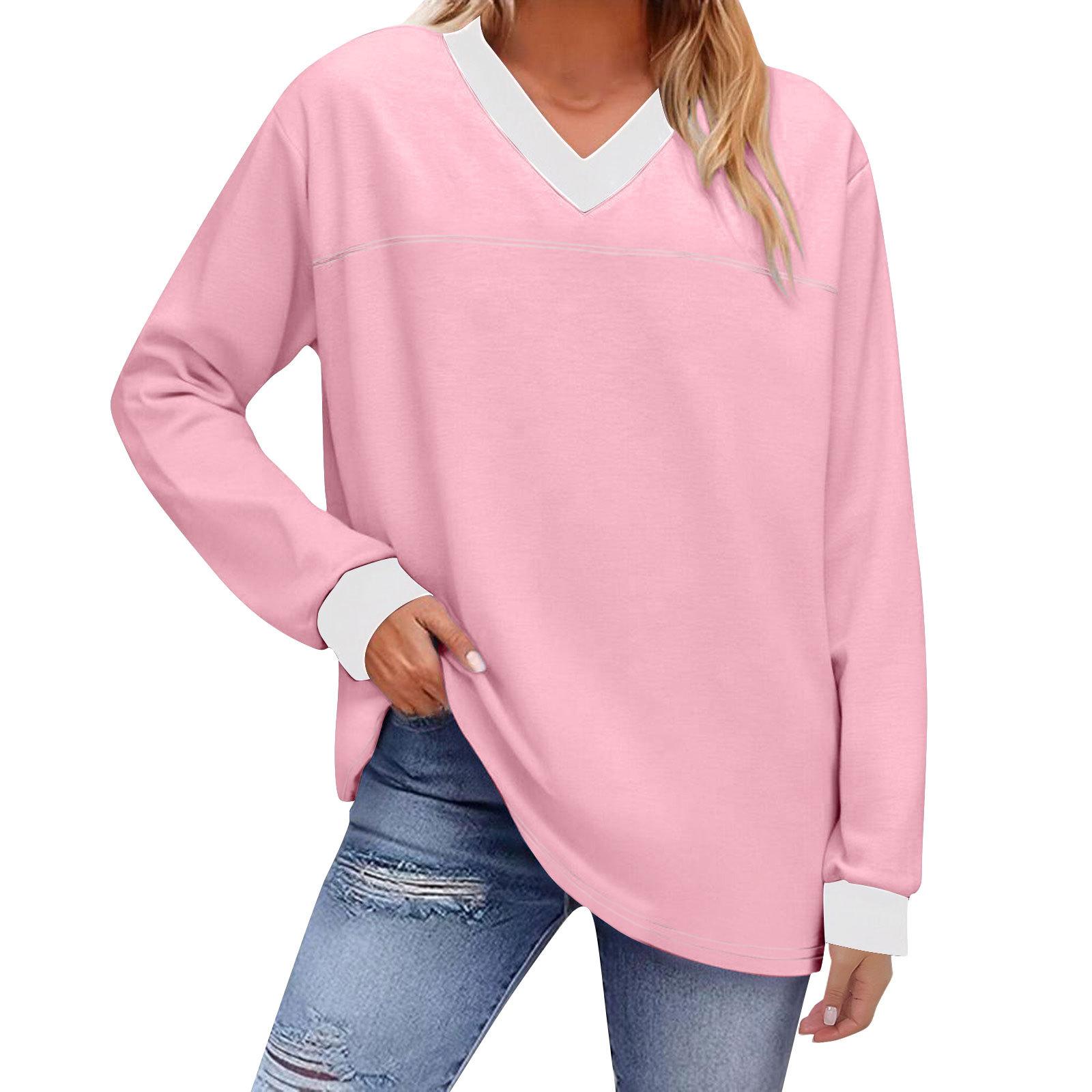 

Fashionable Women s Loose Colorblock V-neck Long-sleeved Top S розовый