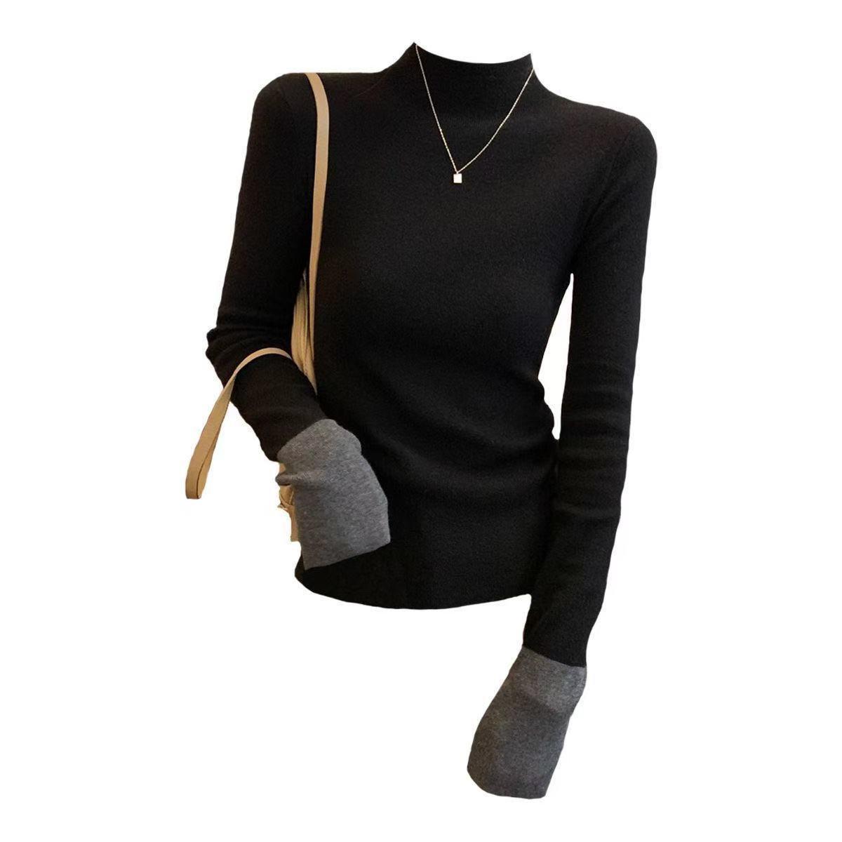 

Женский ретро топ из мериносовой шерсти с высоким воротом, облегающий, с цветными блоками, с длинным рукавом, для осени/зимы XL (recommended 115-130 jin)