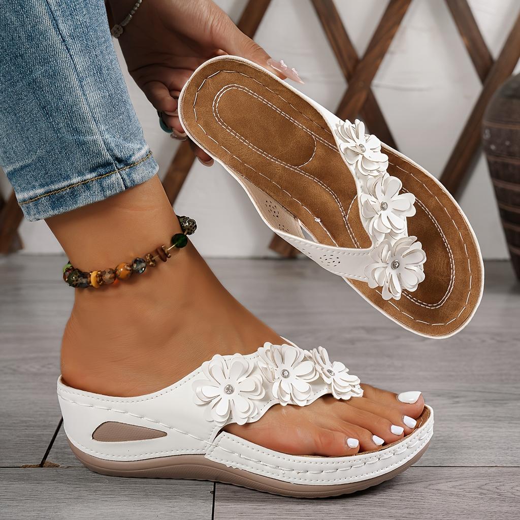 Ladies' Fashion Flip Flops | Casual Open-Toe Flat Sandals with Floral Decorations, Comfortable PU Sole, All-Season Wear | Standard Fit
