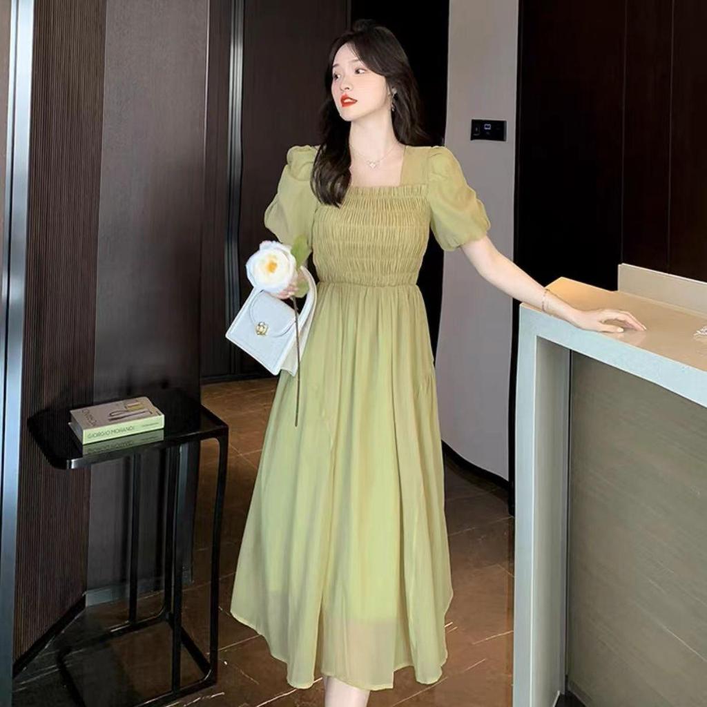 Gentle Style Summer Dress: French Square Neck, Puff Sleeve, Slim Fit, Campanula Style.