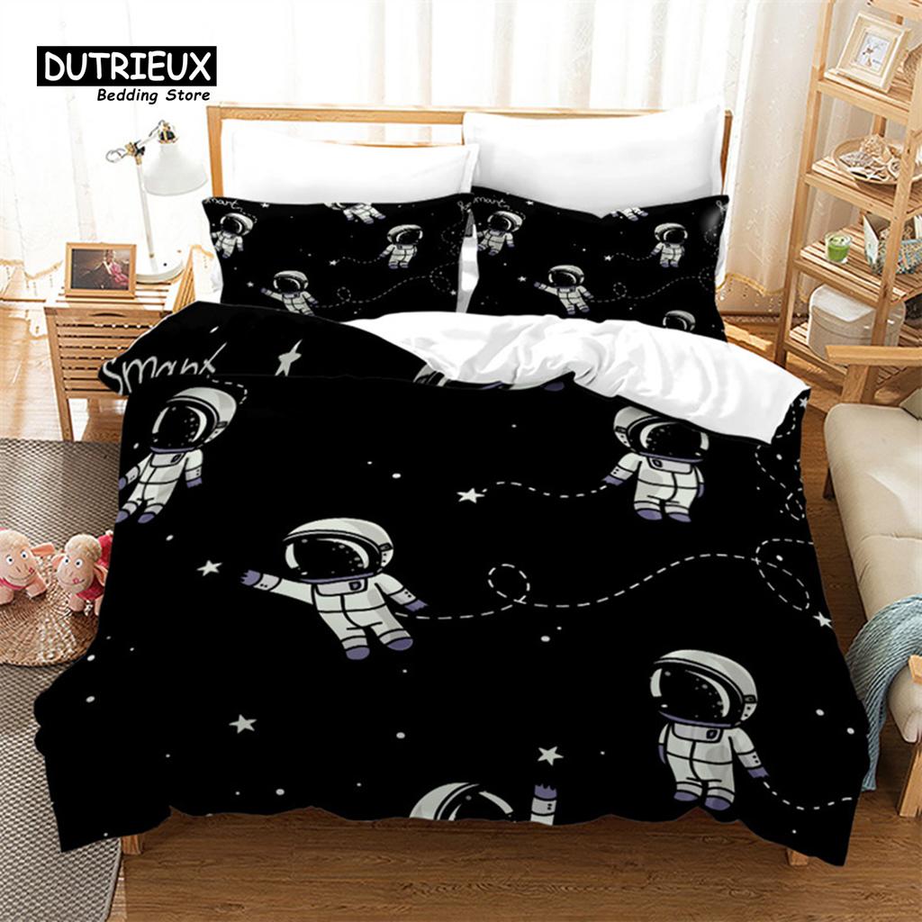 Cartoon Astronaut Duvet Cover King For Boys Girl Galaxy Space Bedding Set Microfiber Rocket Ship Space Adventure Comforter Cover
