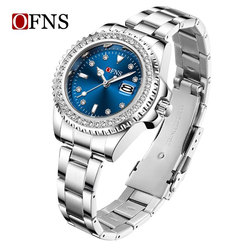 Ofns Women's Diamond Bezel Watch, Luminous Calendar Waterproof, Steel/Leather Strap, Business Quartz Wristwatch for Ladies