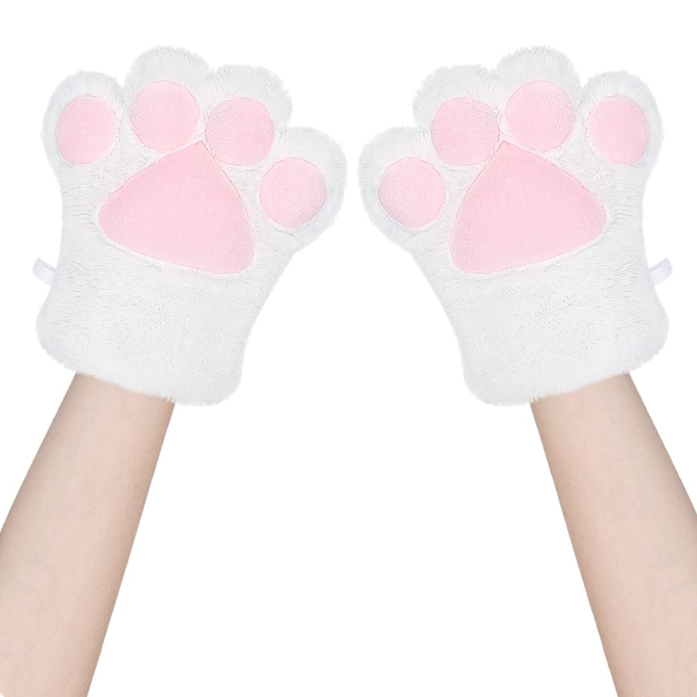 LONTG Cosplay Halloween Cute Cat Bear Paw Panda Gloves with Paw Fluffy and Warm Animal Gloves for Adults and Cosplay Winter Funny Cold Weather White