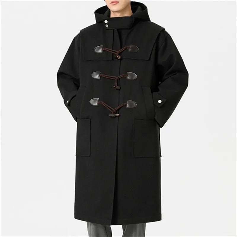 Herbst Winter Wollmäntel Herren Kapuze Trench Mode Locker Lässig Streetwear Lang Oberbekleidung Mantel Männlich Knopf Windbreaker