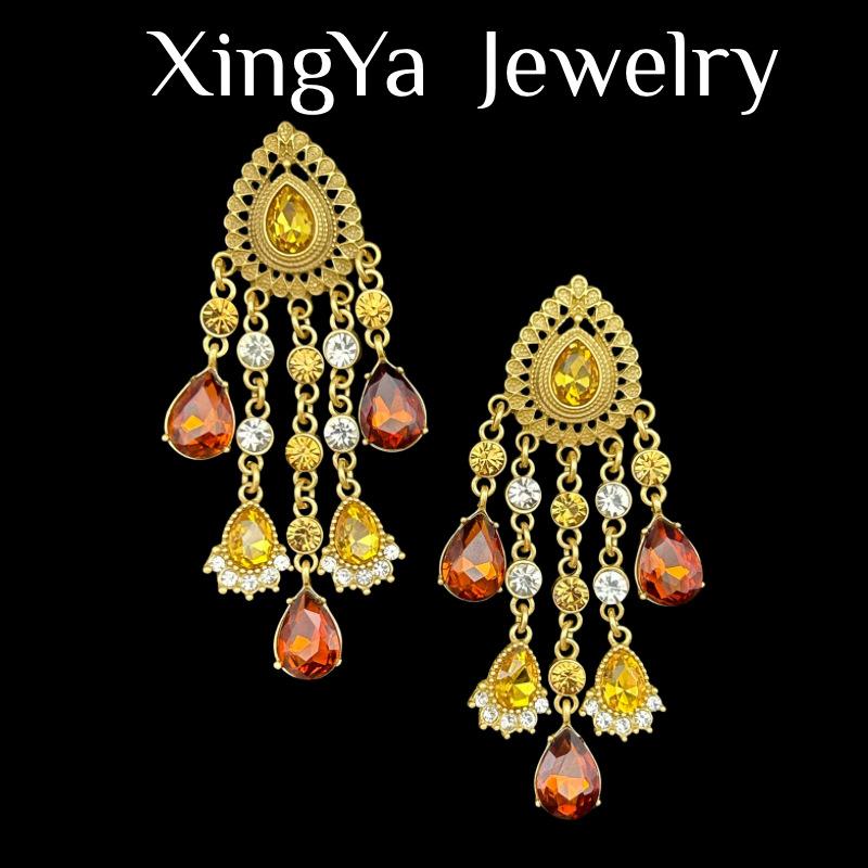 Vintage Maillard Series Full Inlaid Heavy Industry Tassel Exaggerated Earrings With Elegant Temperament