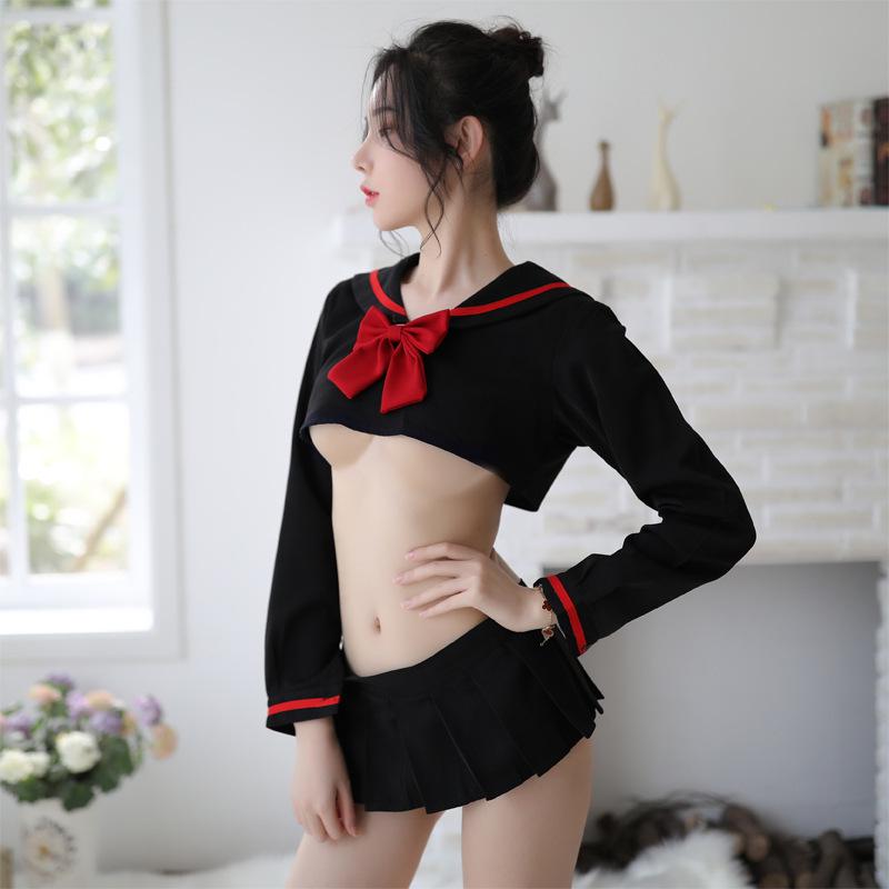 Seductive Sailor Costume: Pleated Mini Skirt & Lingerie Set - Free Size