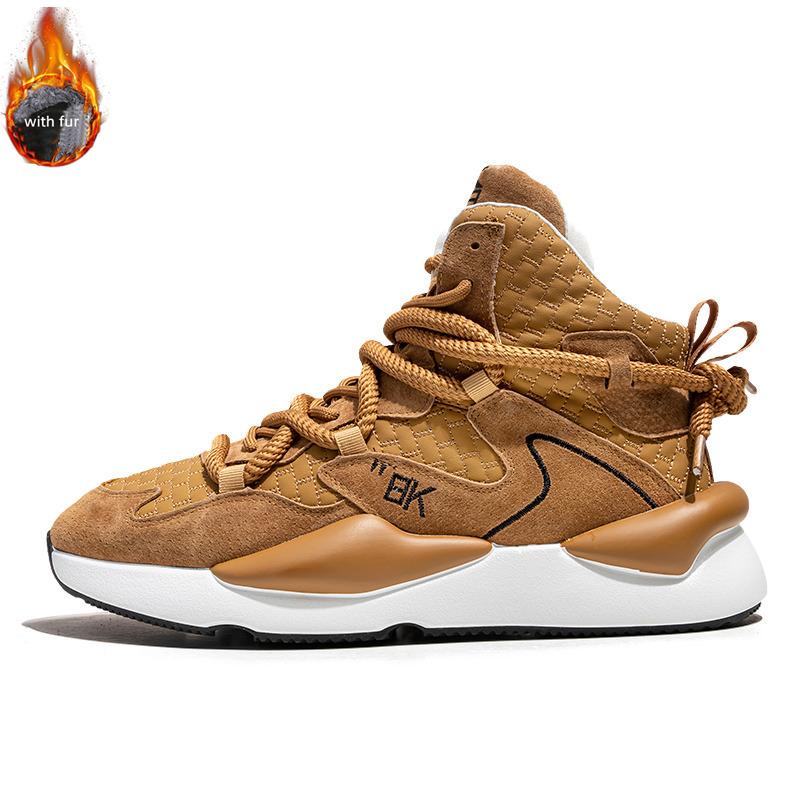 Brand Brown Leather Sneakers Men Autumn and Winter Men's High Top Sneakers Fur Warm Casual Sports Shoes Men Platform Footwear