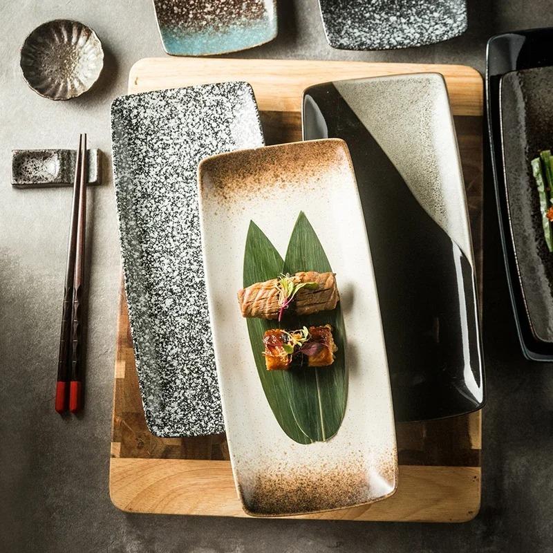 Retro Obdĺžnikový Tanier na Sushi Japonské Keramické Taniere Tanier na Západné Jedlo Domáca Jedálenská Súprava Taniere a Misy Kuchynské Doplnky