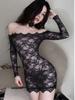 Sexy Underwear Club Black Lace See Through Mini Dress Women Midnight Bride Uniform Cosplay Costume Secretary Dress Elegant PHYN
