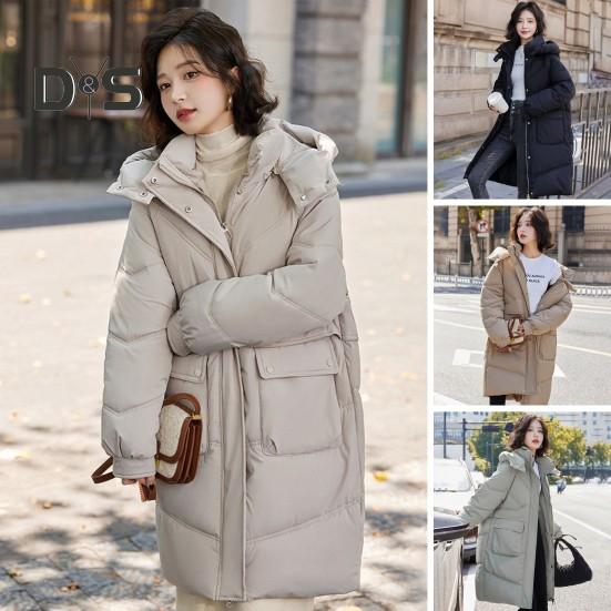 Winter Down Coat Neck Protection Stand Collar Padded Hooded with Pockets Zip-up Parka Windproof Heat Retention Daily Cold Weather Outwear Cotton