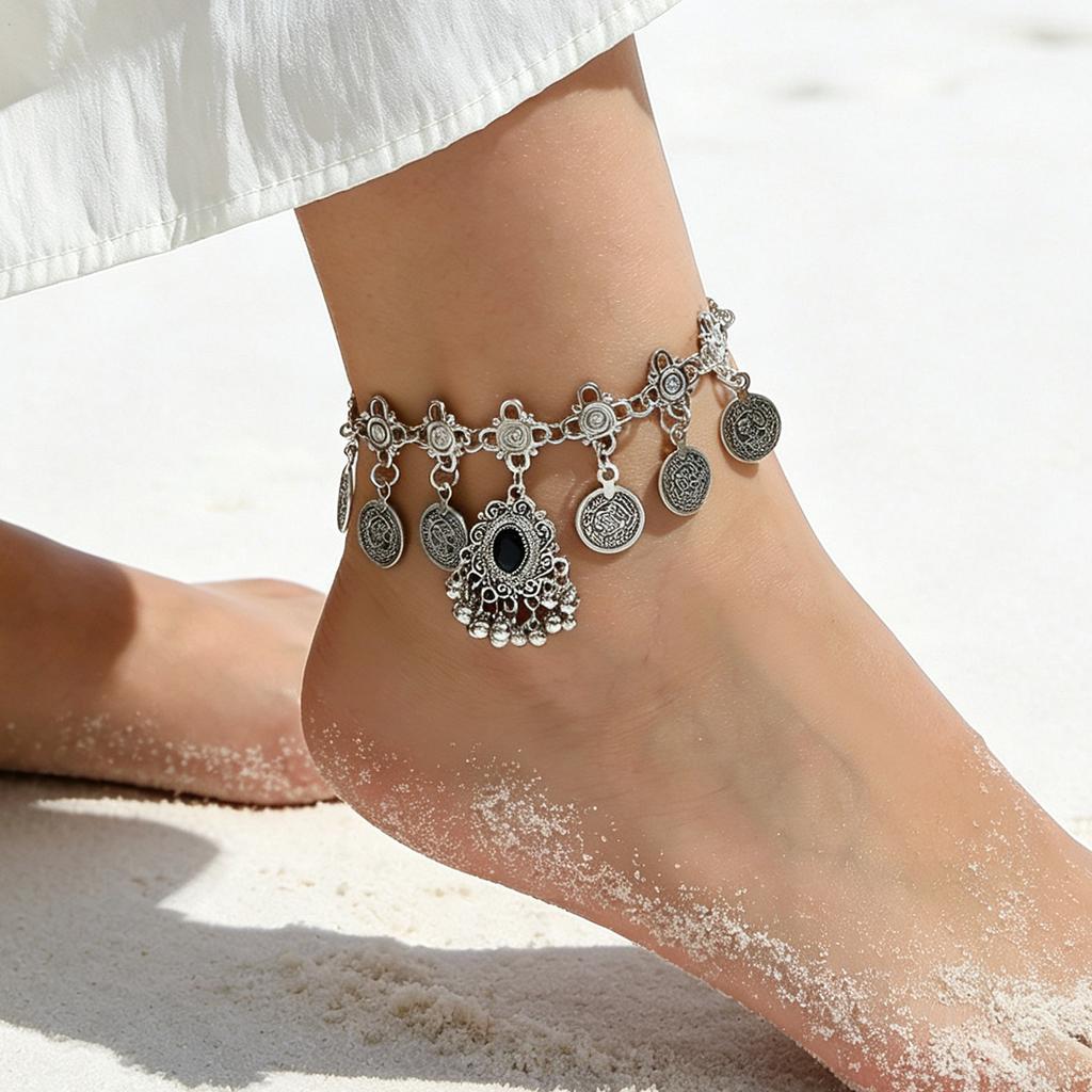 Bohemian vintage tassel coin anklet, ethnic style foot jewelry, exotic beach vacation style, music festival ankle chain