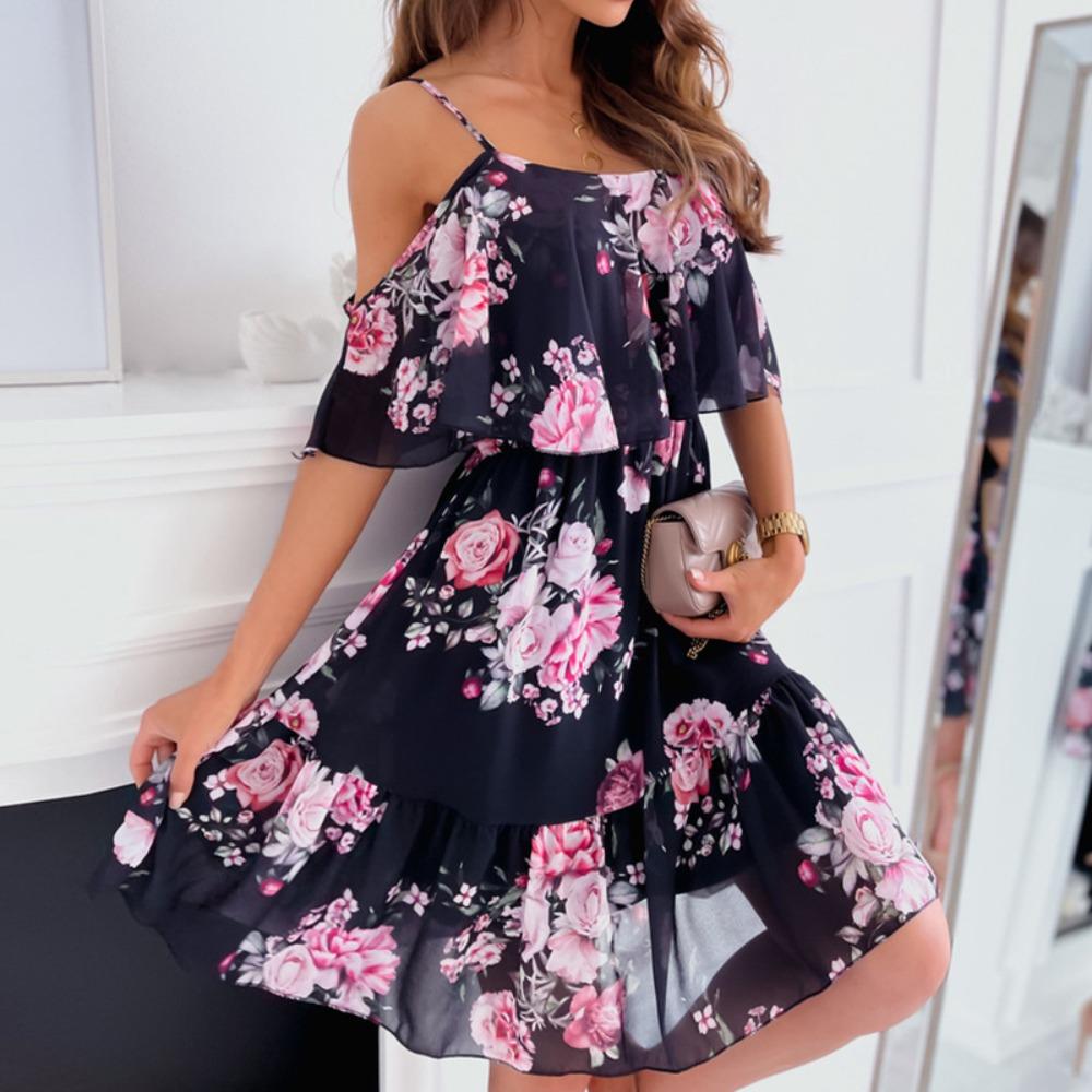 Damen Spaghetti-Träger Off-Shoulder Tropischer Print Hohe Taille A-Linie Freizeitkleid