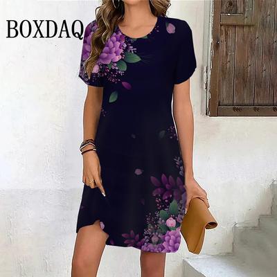 Lila Blumenprint Kleider Für Damen Sommer Vintage Kurzarm Minikleid Lässig Pullover Rundhals Große Größen Sommerkleid