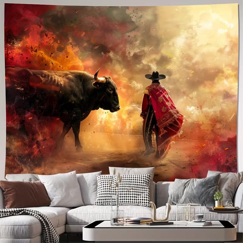 

2D Vintage Spanish Bullfight Tapestry, Dramatic Bull Art Wall Decor for Home 47.2x31.5inch/120*80cm