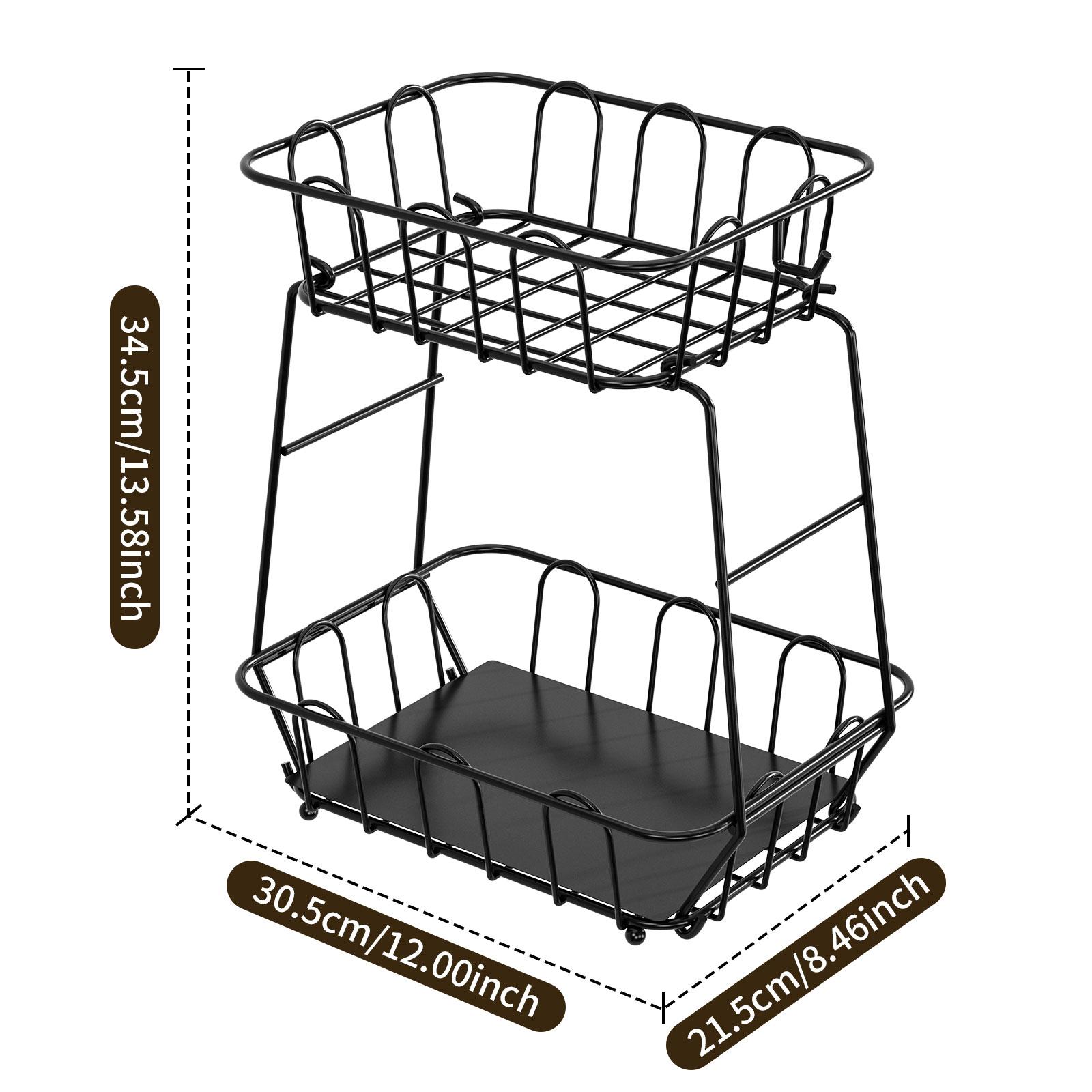 

Корзина для фруктов, металлическая проволочная корзина для хранения с крючками, экономящая полка для хранения, стильный кухонный органайзер в пространстве - демонстрационный стенд 2-tier чёрный